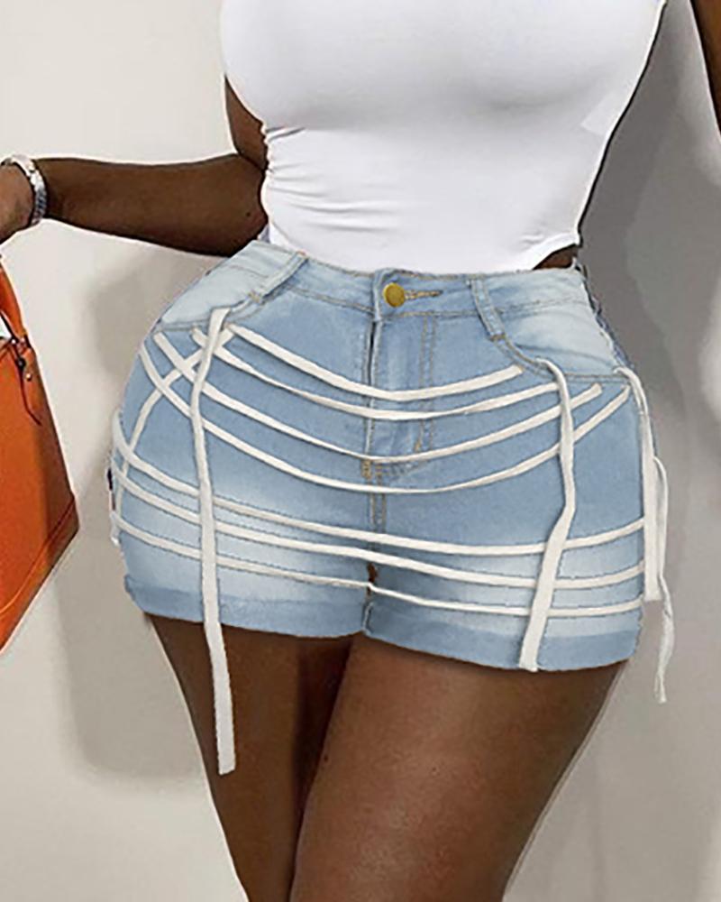 

High Waist Strappy Denim Shorts, Lighted blue