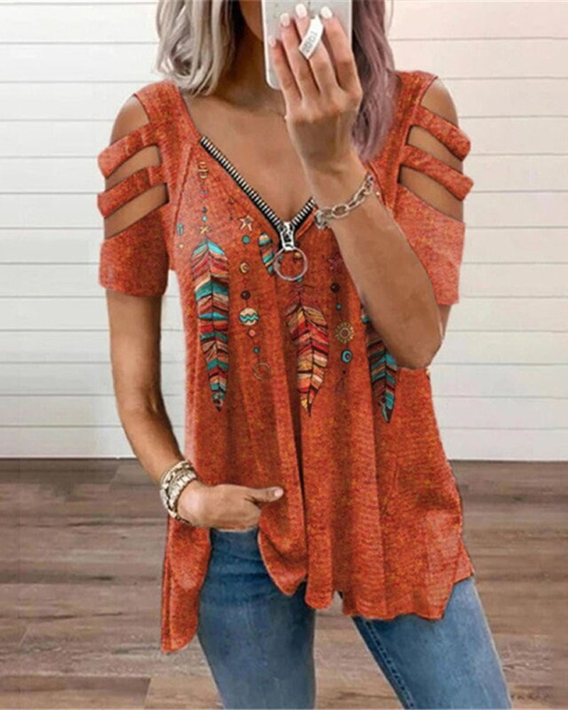 

Feather Floral Print Zip Front Cold Shoulder Top, Style1
