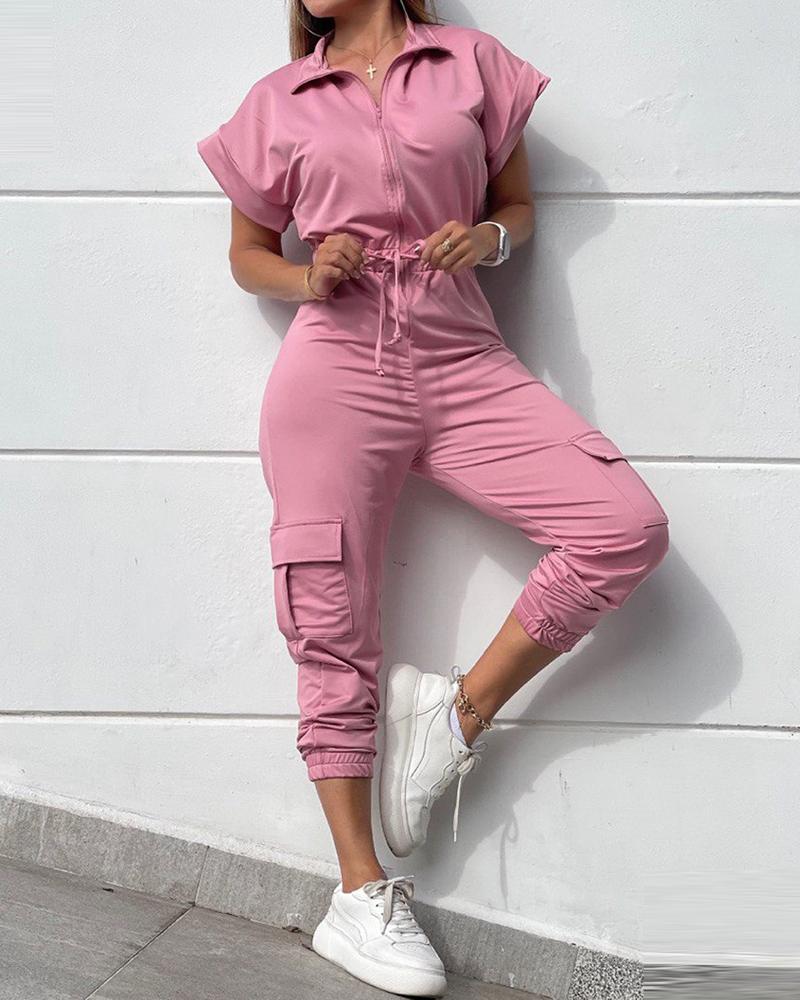 

Zipper Design Roll Hem Top & Cuffed Pants Set, Pink