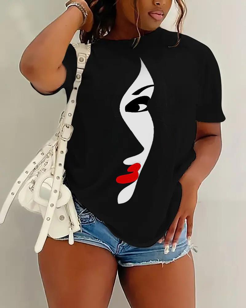 

Plus Size Abstract Figure Print Short Sleeve Casual T-shirt, Black