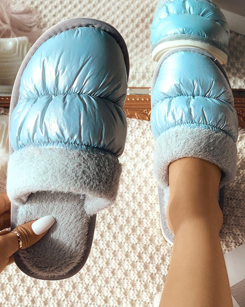 

Fluffy Trim Cloase Toe Casual Slippers, Light gray