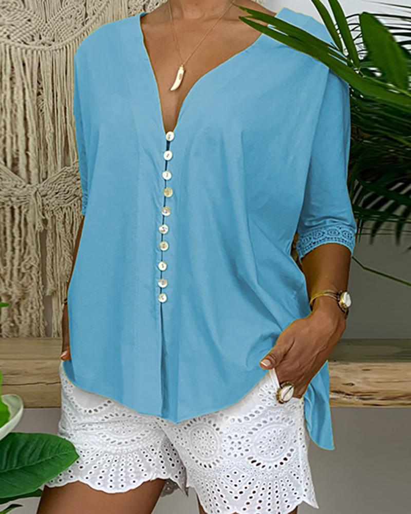 

Button Front Lace Trim Casual Top, Light blue