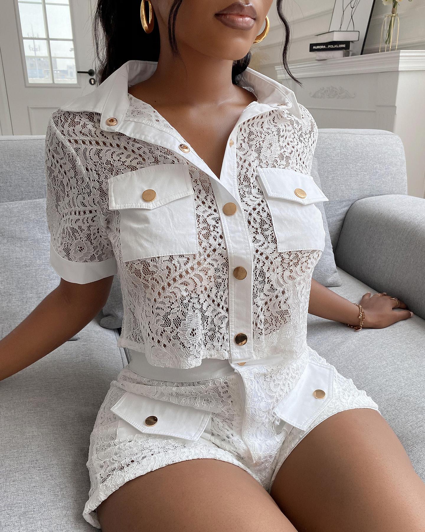 

Croceht Lace Pocket Buttoned Crop Top & Shorts Set, White