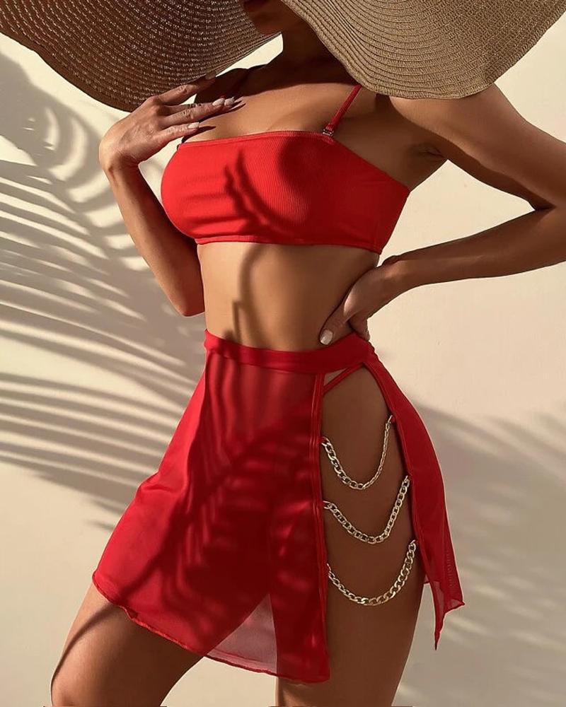 

3PCS Bikini Set With Chain Decor Cover Up, Red