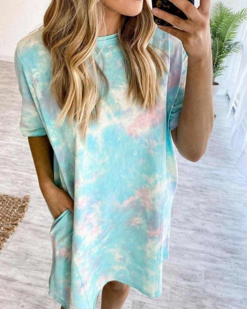 

Tie Dye Print Pocket Design Casual Women Dress, Lighted blue