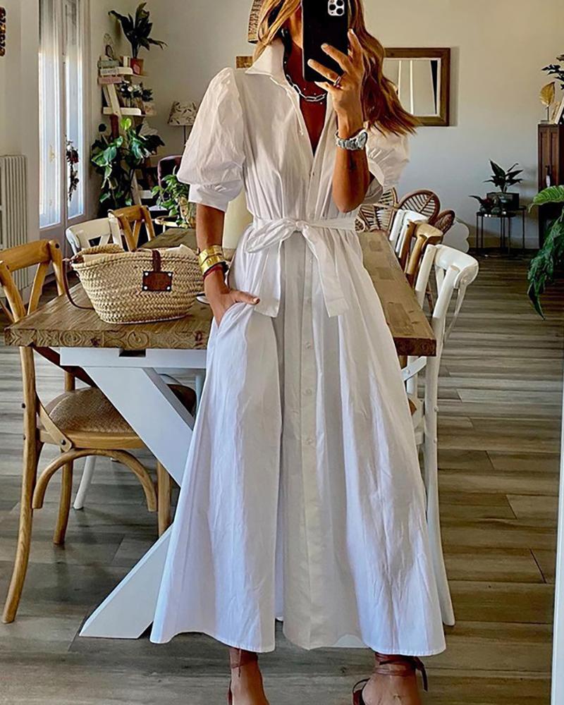 

Short Sleeve Pocket Design Casual Shirt Dress, White