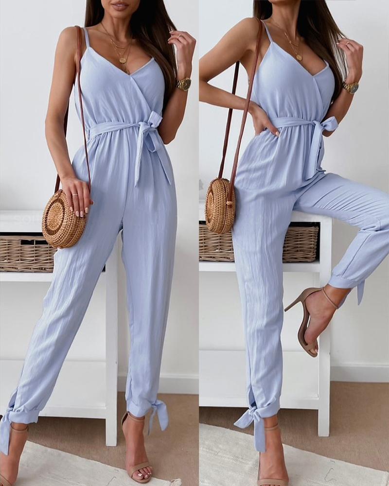 

Spaghetti Strap Tied Detail Jumpsuit With Belt, Blue