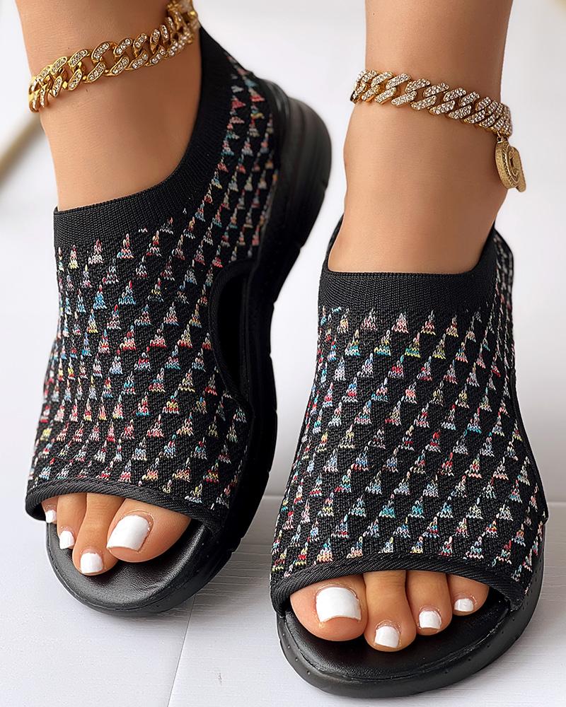 

Geometric Embroidery Peep Toe Platform Sandals, Black