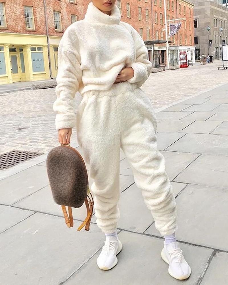 

Plain Long Sleeve Teddy Top & High Waist Pants Set, White