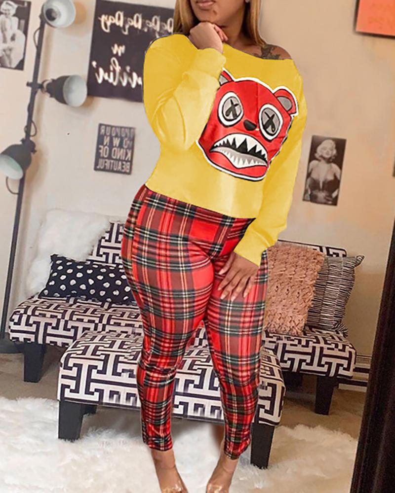

Cartoon Print Top & Plaid Print Pants Set, Yellow