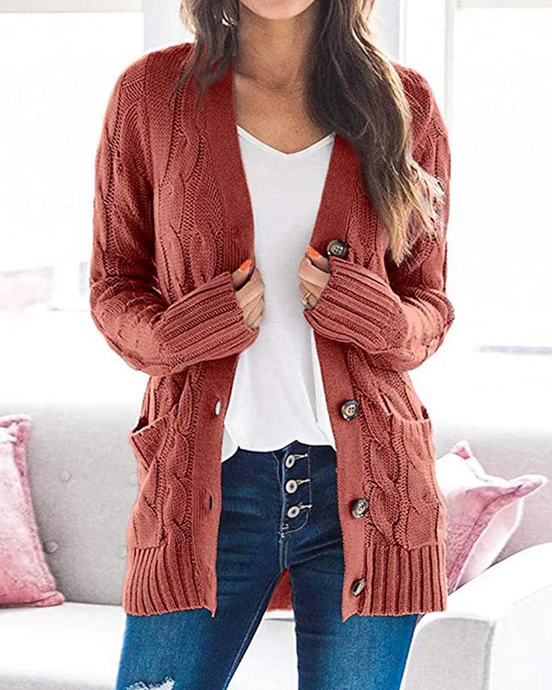 

Long Sleeve Button Front Cable Knit Cardigan, Red
