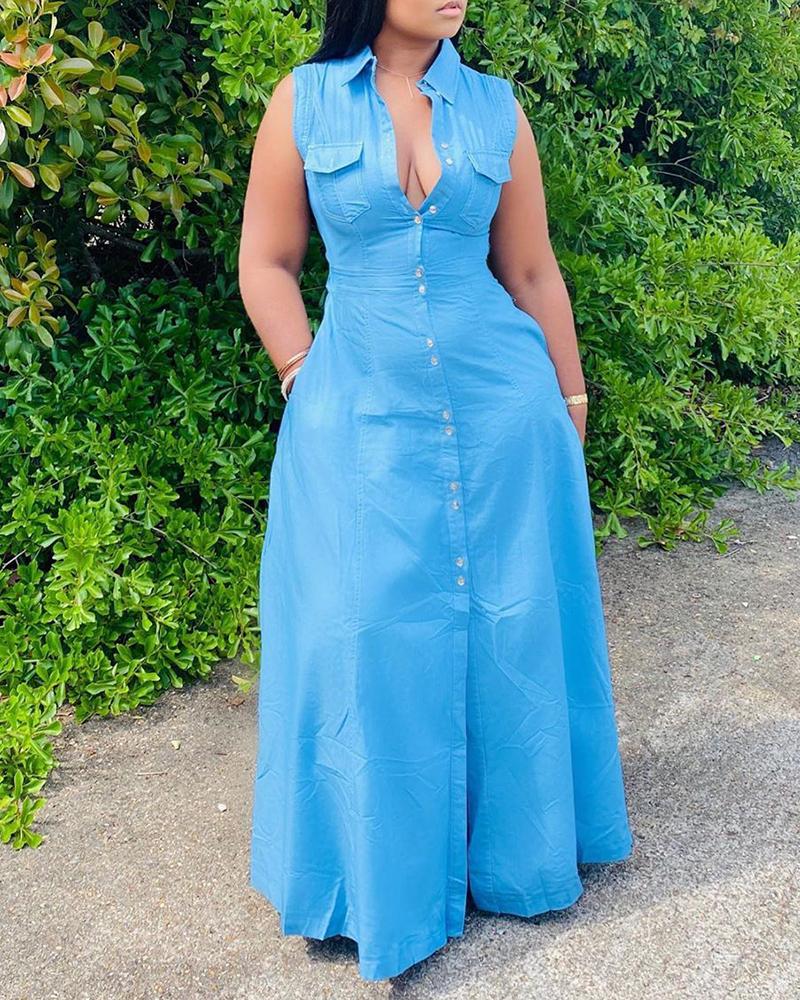 

Pocket Design Button Front Slit Maxi Dress, Blue