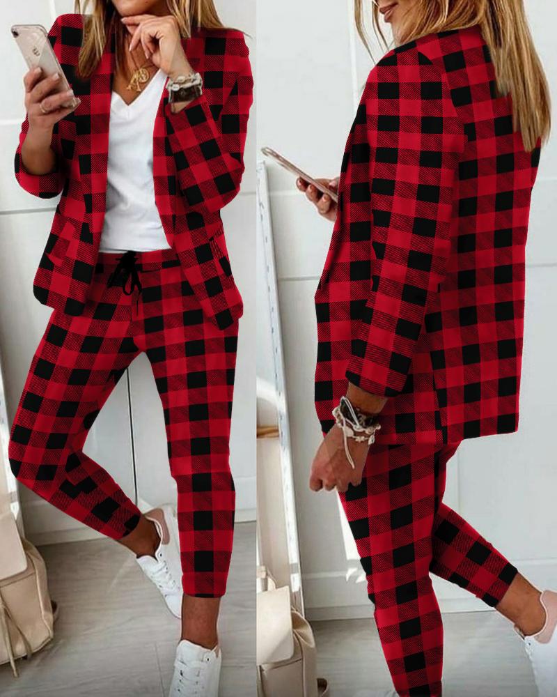 

Plaid Print Blazer Coat & Drawstring Pants Set, Red