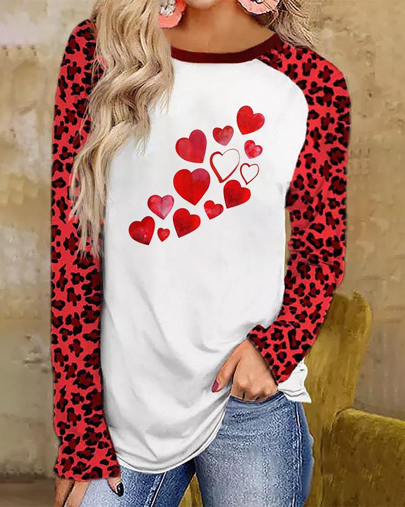

Valentine' Day Heart Leopard Print Long Sleeve Top, Red