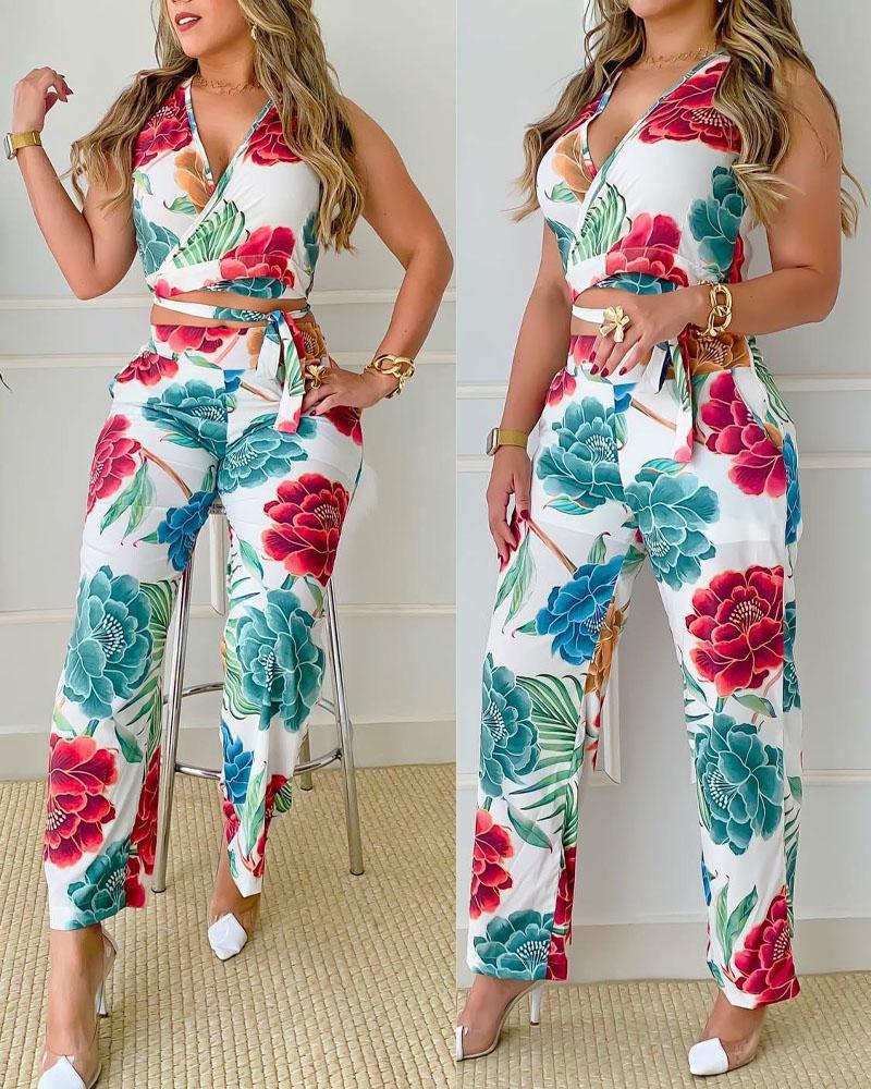 

Floral Print Tied Detail Crop Top & Pants Set, White