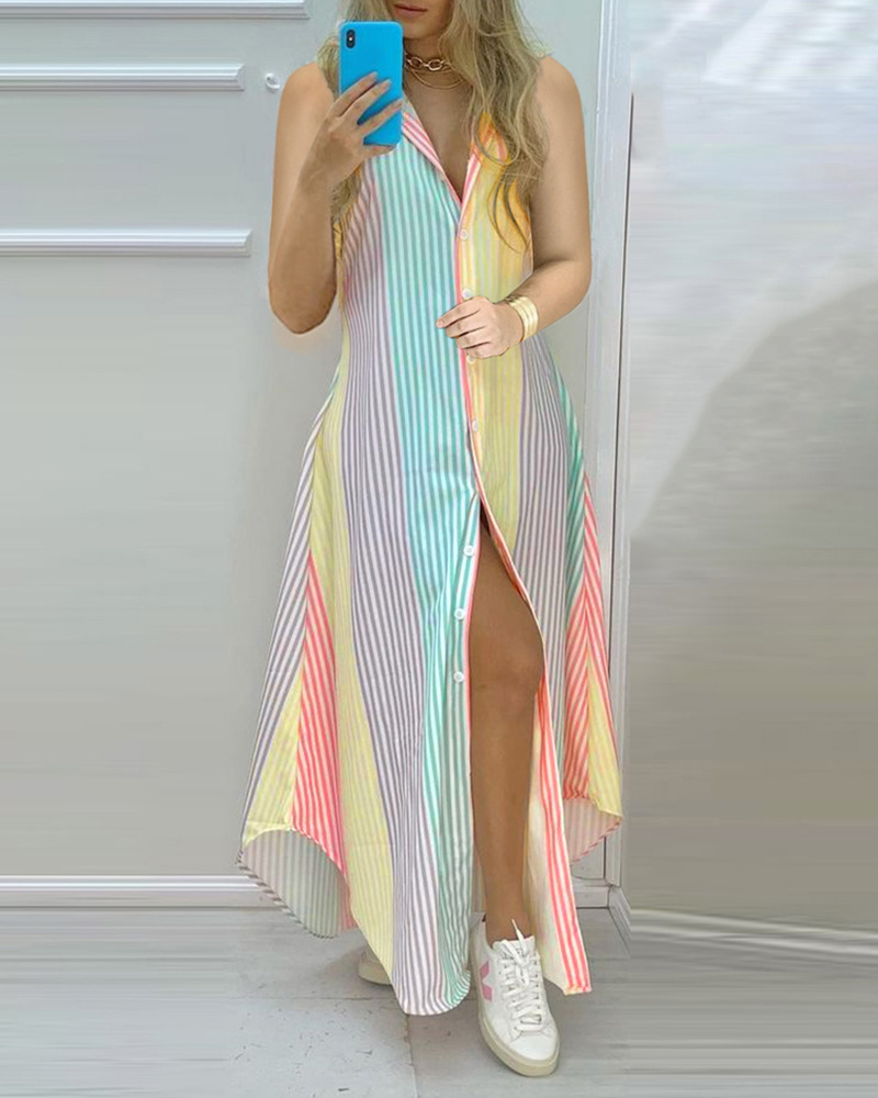 

Sleeveless Striped Colorblock Button Design Dress, Multicolor