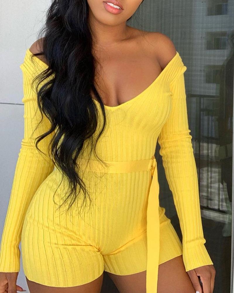 

Plain Ribbed Long Sleeve Romper, Yellow