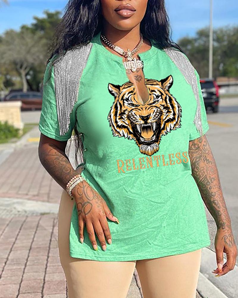 

Tiger Print Tassel Design Slit T-shirt, Green