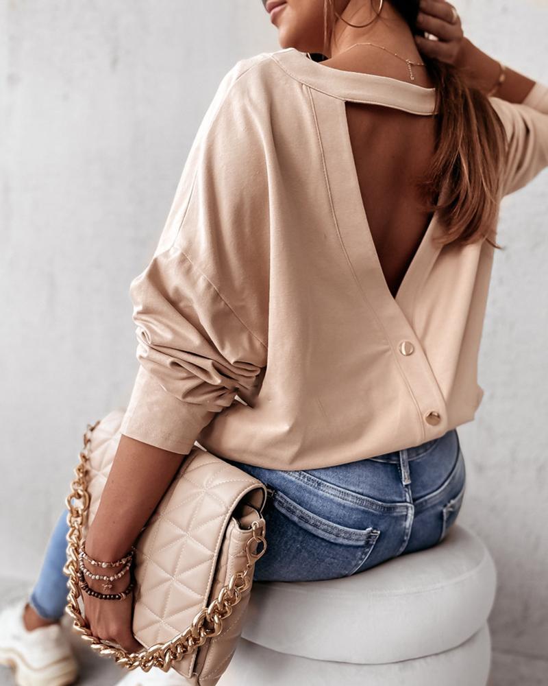 

Backless Buttoned Long Sleeve Top, Apricot