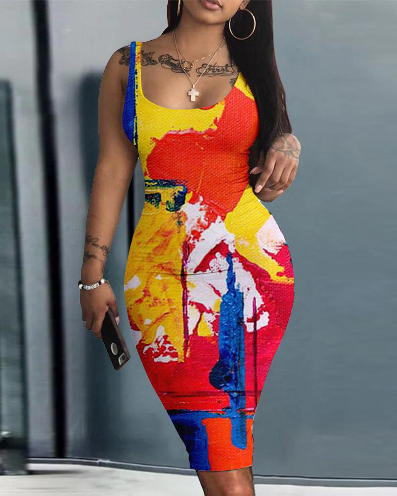 

Abstract Print Sleeveless Bodycon Dress, Yellow