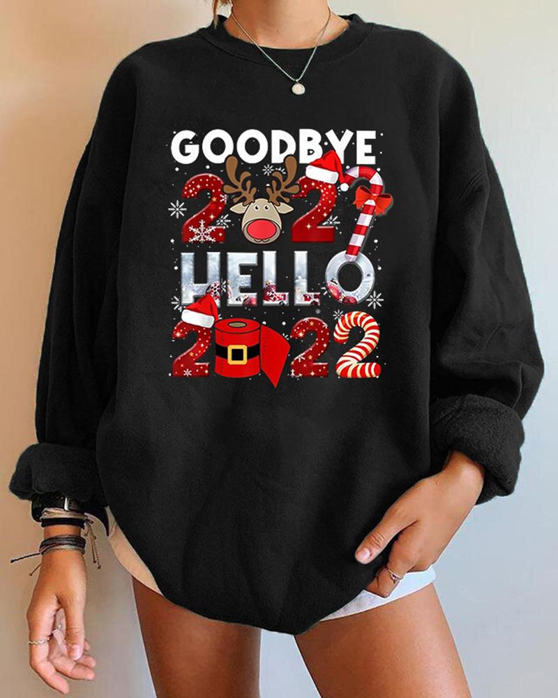 

Christmas Figure Letter Print Long Sleeve Sweatshirt, Black