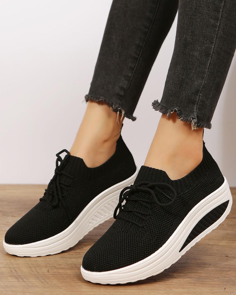 

Breathable Lace-up Knit Muffin Sneakers, Black