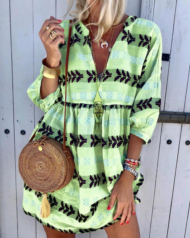 

Ethnic Print V Neck Dress, Green