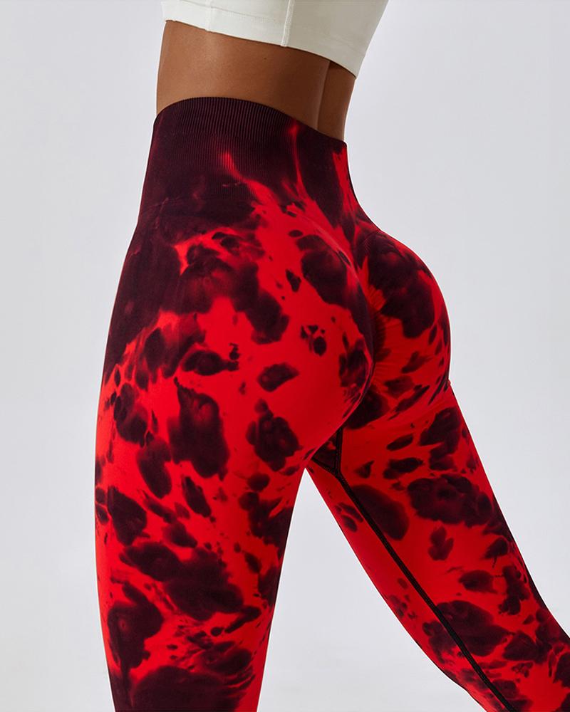 

Leggings de entrenamiento con pantalones de yoga con teñido anudado y cintura alta con levantamiento de glúteos sin costuras, Red