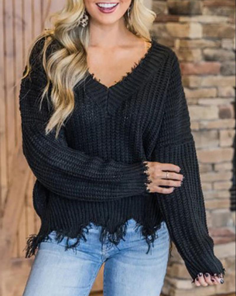 

Fringe Hem Long Sleeve Asymmetrical Knit Sweater, Black