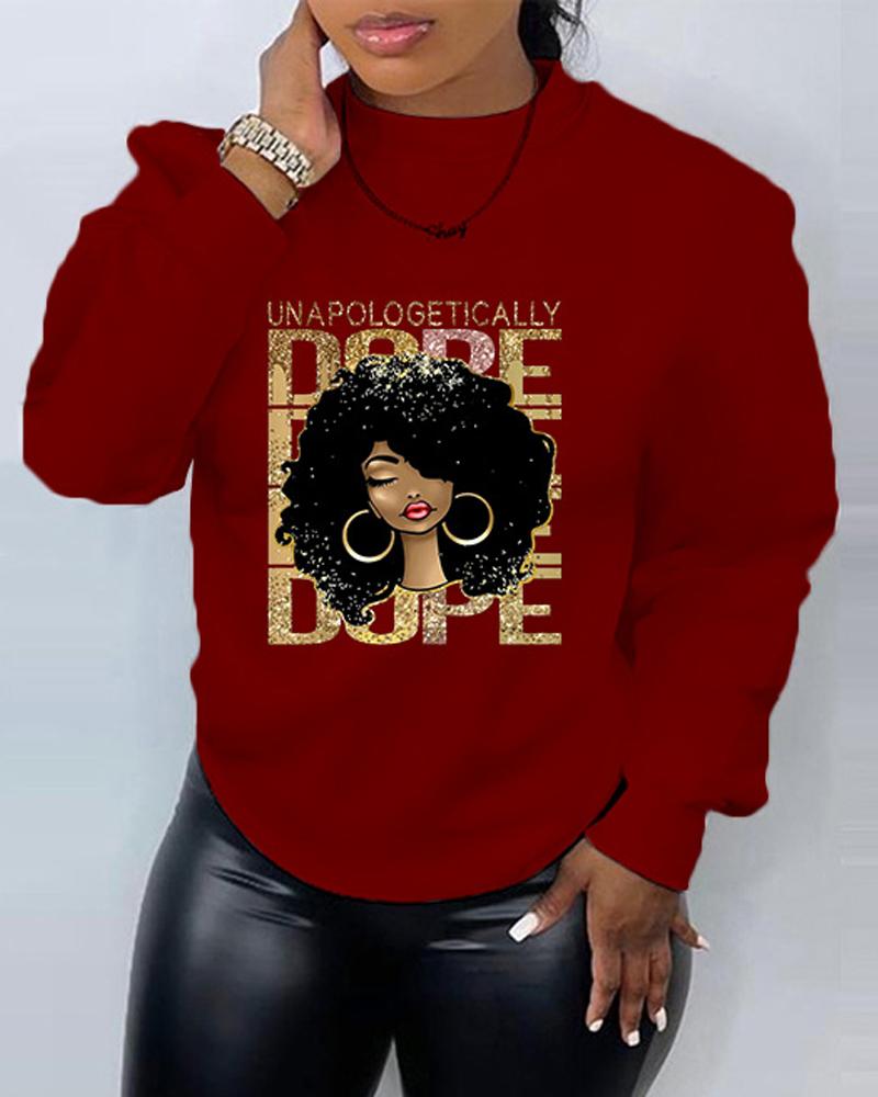 

Plus Size Figure Letter Print Long Sleeve Sweatshirt, Wine red
