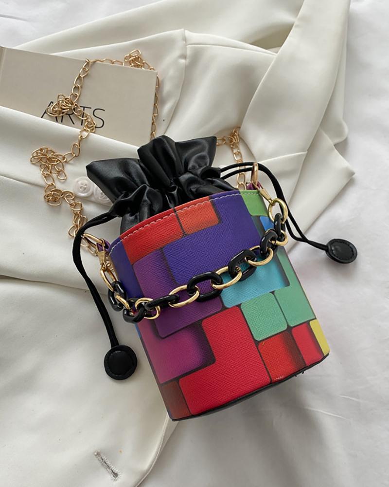 

Colorblock Painting Print Bucket Bag With Inner Pouch, Green
