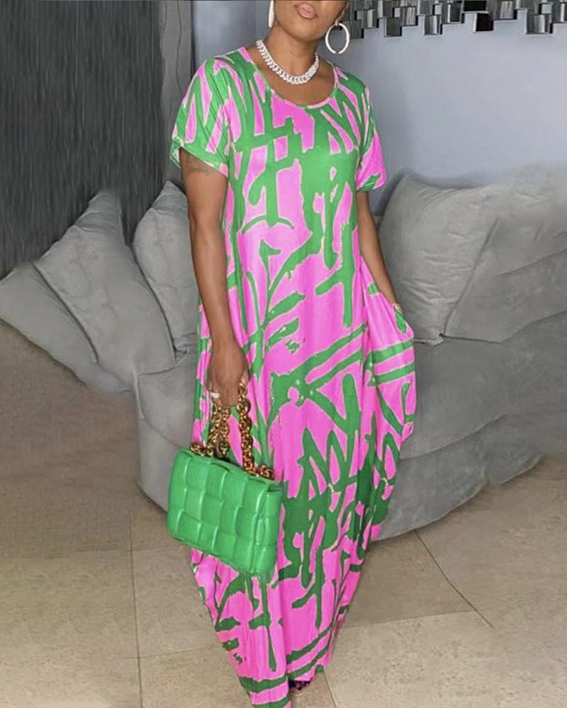 

Abstract Print Pocket Design Casual Dress, Hot pink