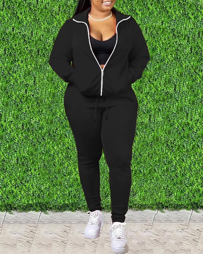 

Plus Size Zipper Pocket Design Top & Drawstring Pants Set, Black