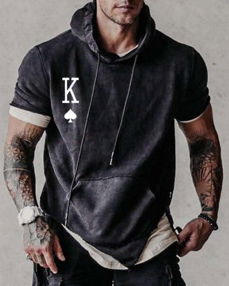 

Poker Logo Print Short Sleeve Hooded Sweatshirts, Black