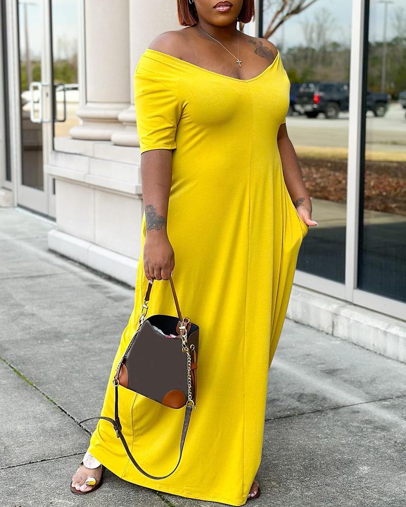 

V-Neck Short Sleeve Maxi Dress, Yellow