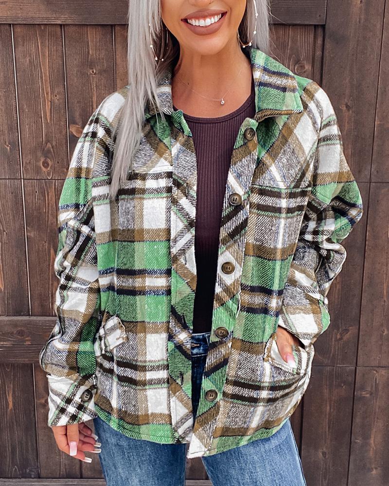 

Plaid Print Pocket Detail Button Down Shacket, Green