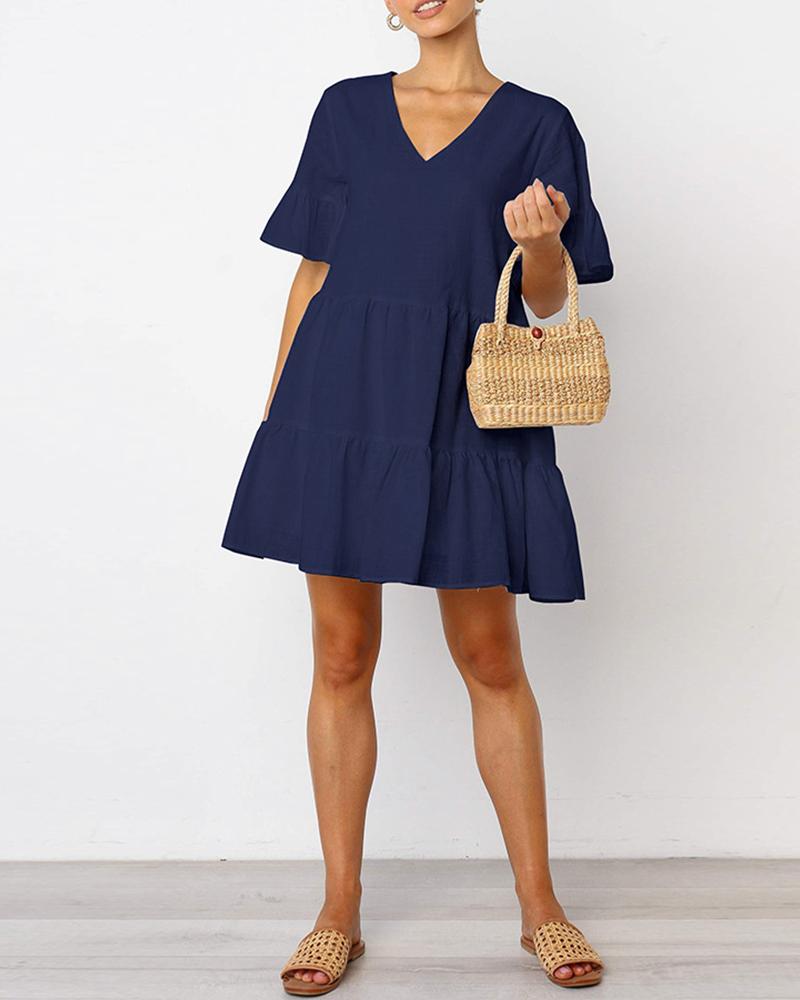 

Ruffles Short Sleeve V-Neck Casual Dress, Blue