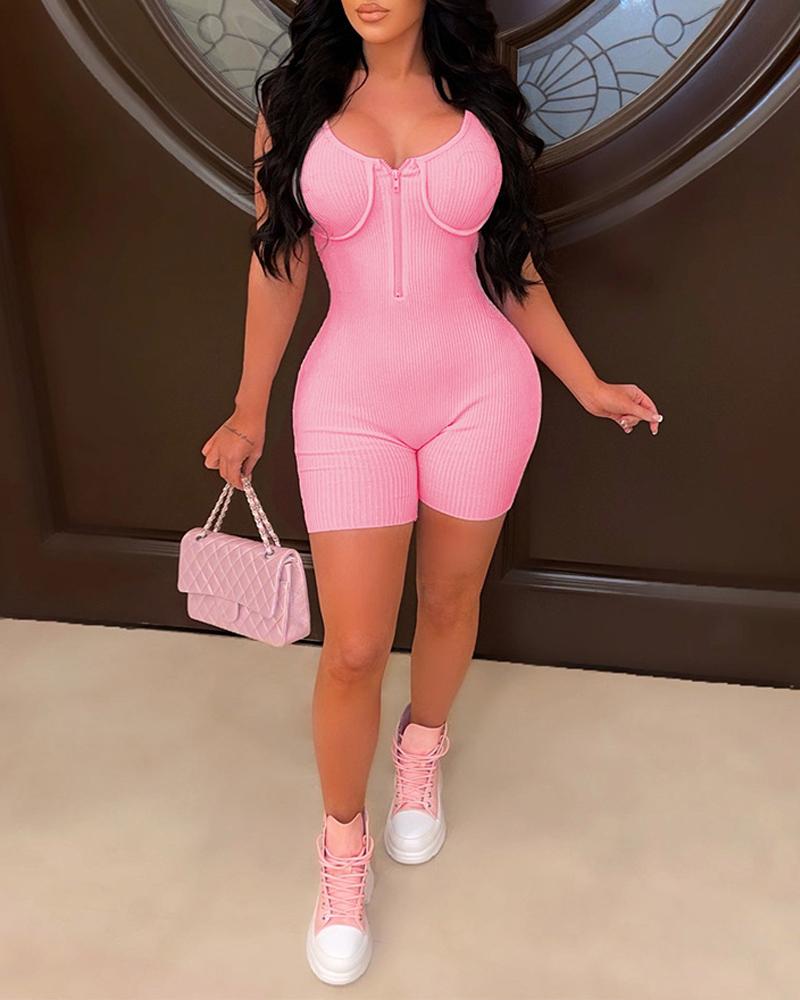 

Zipper Front Sleeveless Ribbed Romper, Pink