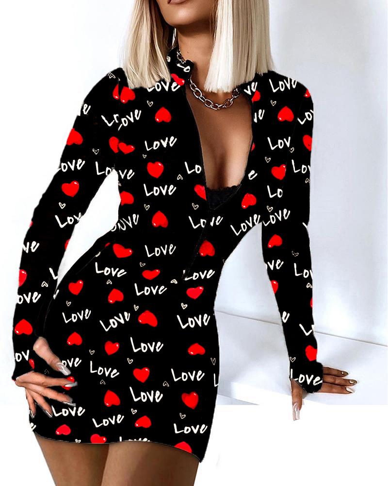 

Valentine' Day Zipper Design Love Heart Print Dress, Black