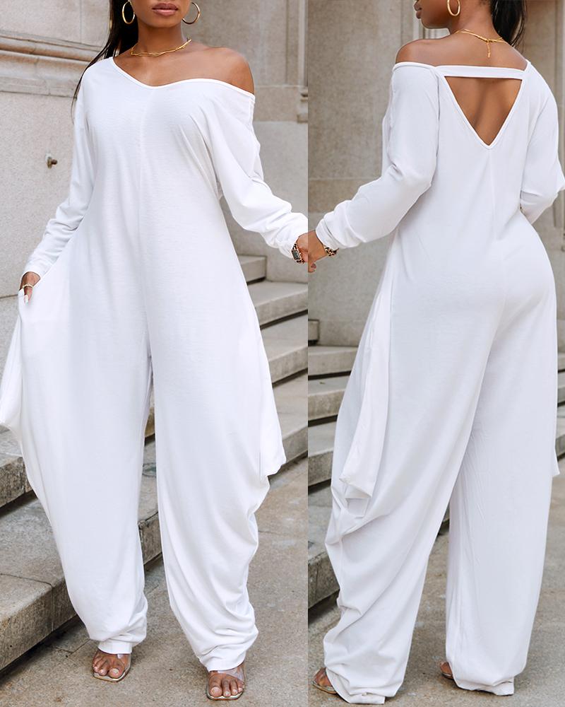 

Long Sleeve V-Neck Harem Jumpsuit, White