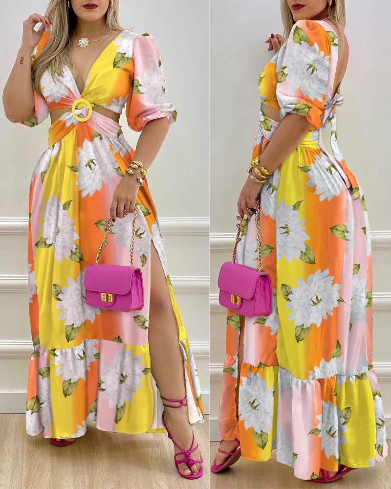 

Floral Print O-Ring Twist Cutout Split Thigh Maxi Dress, Multicolor