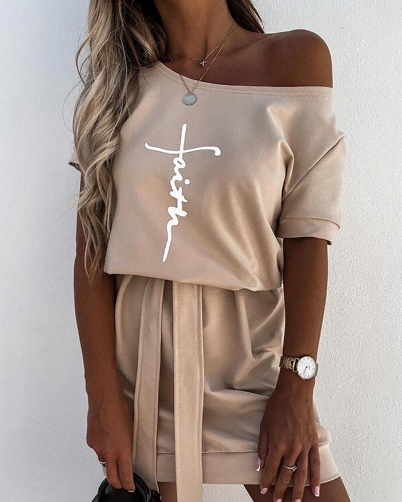 

Faith Print Short Sleeve Top & Skirt Set, Khaki