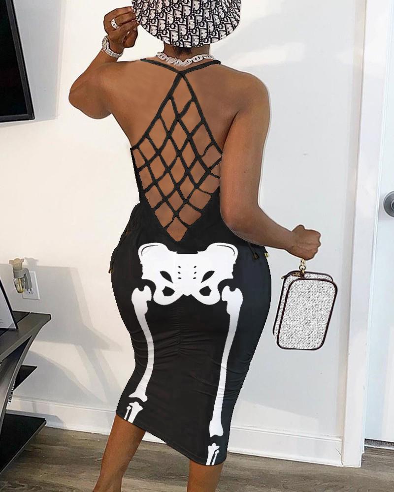 

Halloween Skeleton Print Fishnet Backless Bodycon Dress, Black