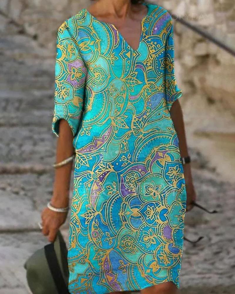 

Half Sleeve V-Neck Floral Pattern Print Dress, Blue
