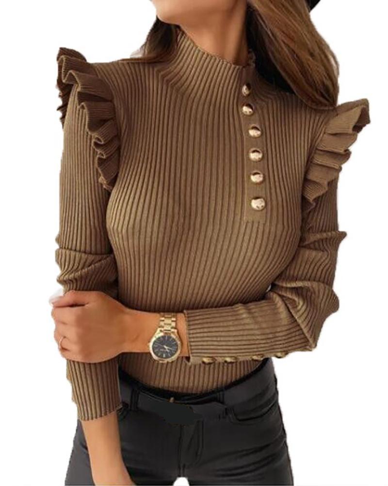 

Ruffles Button Front Long Sleeve High Neck Top, Khaki