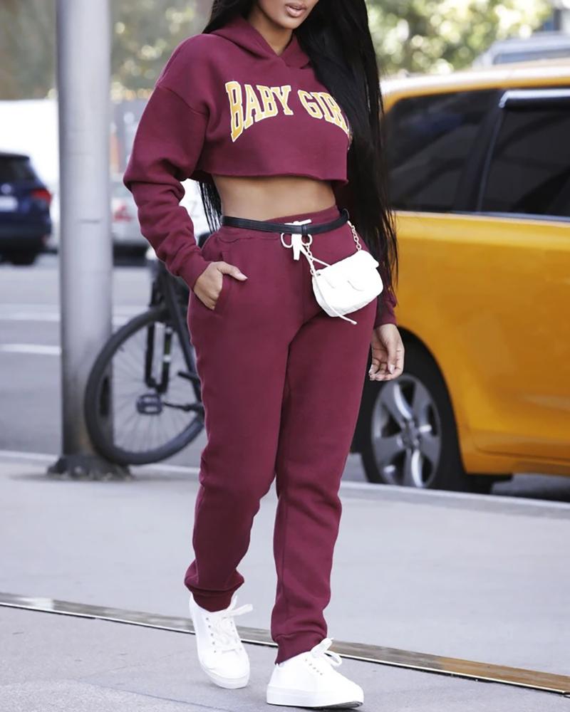 

Letter Print Hooded Crop Top & Drawstring Pants Set, Wine red