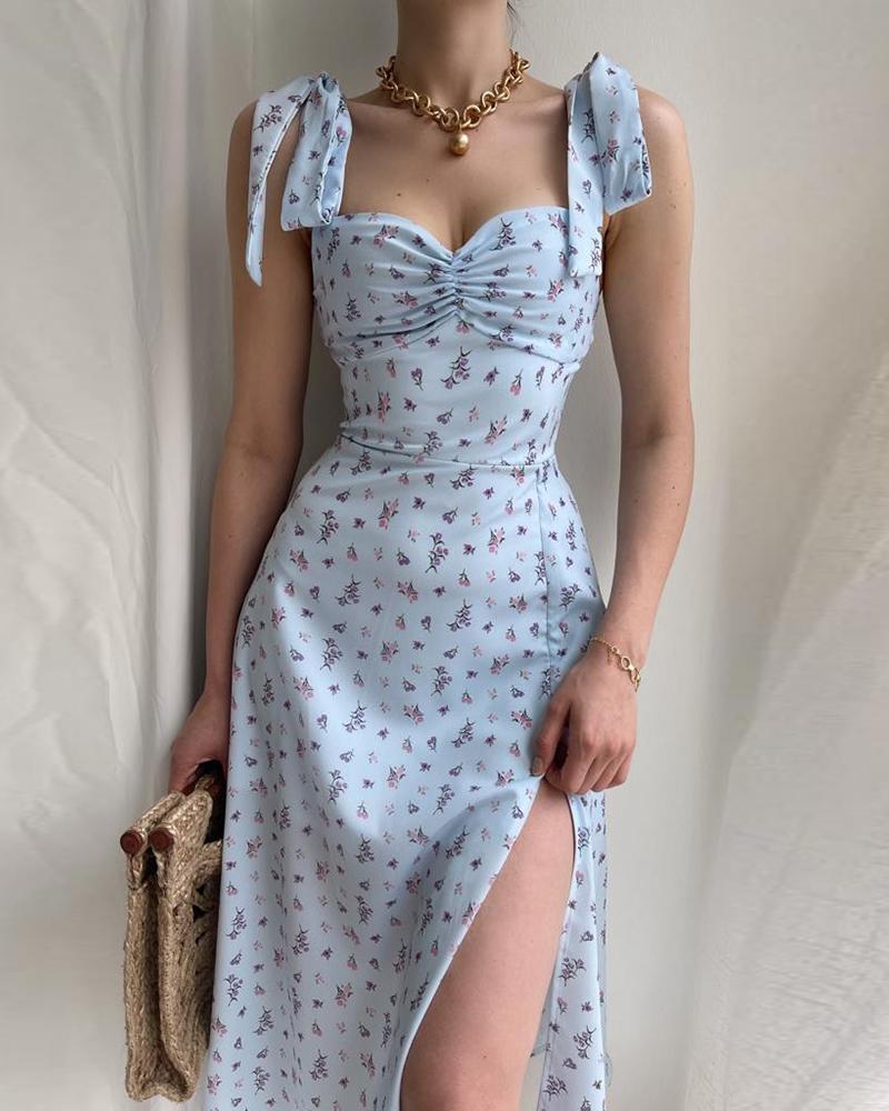 

Ditsy Floral Print High Slit Zipper Design Ruched Dress, Light blue