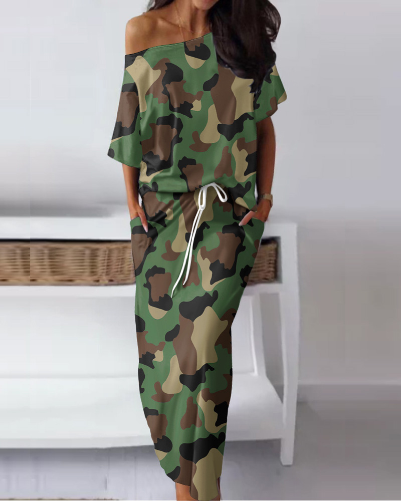 

Camouflage Print Skew Neck Top & Drawstring Skirt Set, Green