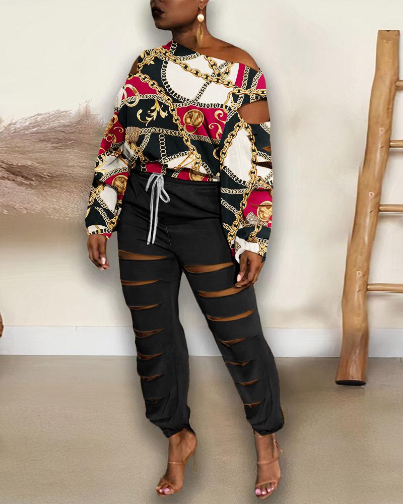 

Scarf Chain Print Ladder Cutout Top & Pants Set, Black