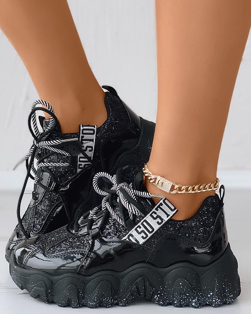 

Rhinestone Lace-up Muffin Sneakers, Black